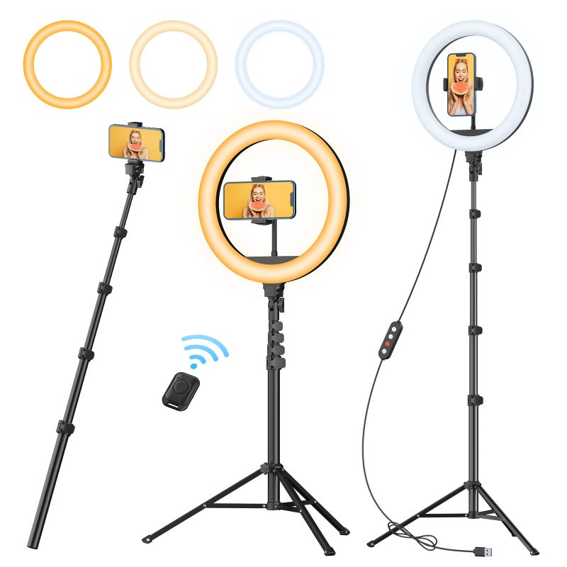 TODI 12" Ring Light with 63" extendable Tripod Stand, Selfie RingLight with Phone Holder and Selfie Remote, 2-in-1 Dimmable LED Ring Light for Makeup, Live Stream, Photography - Image 1